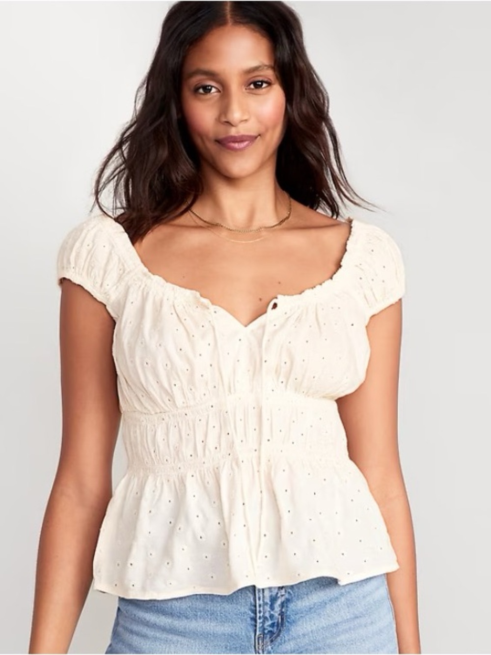 Old Navy Cream Eyelet Smocked Peasant Blouse - Picture 3 of 6
